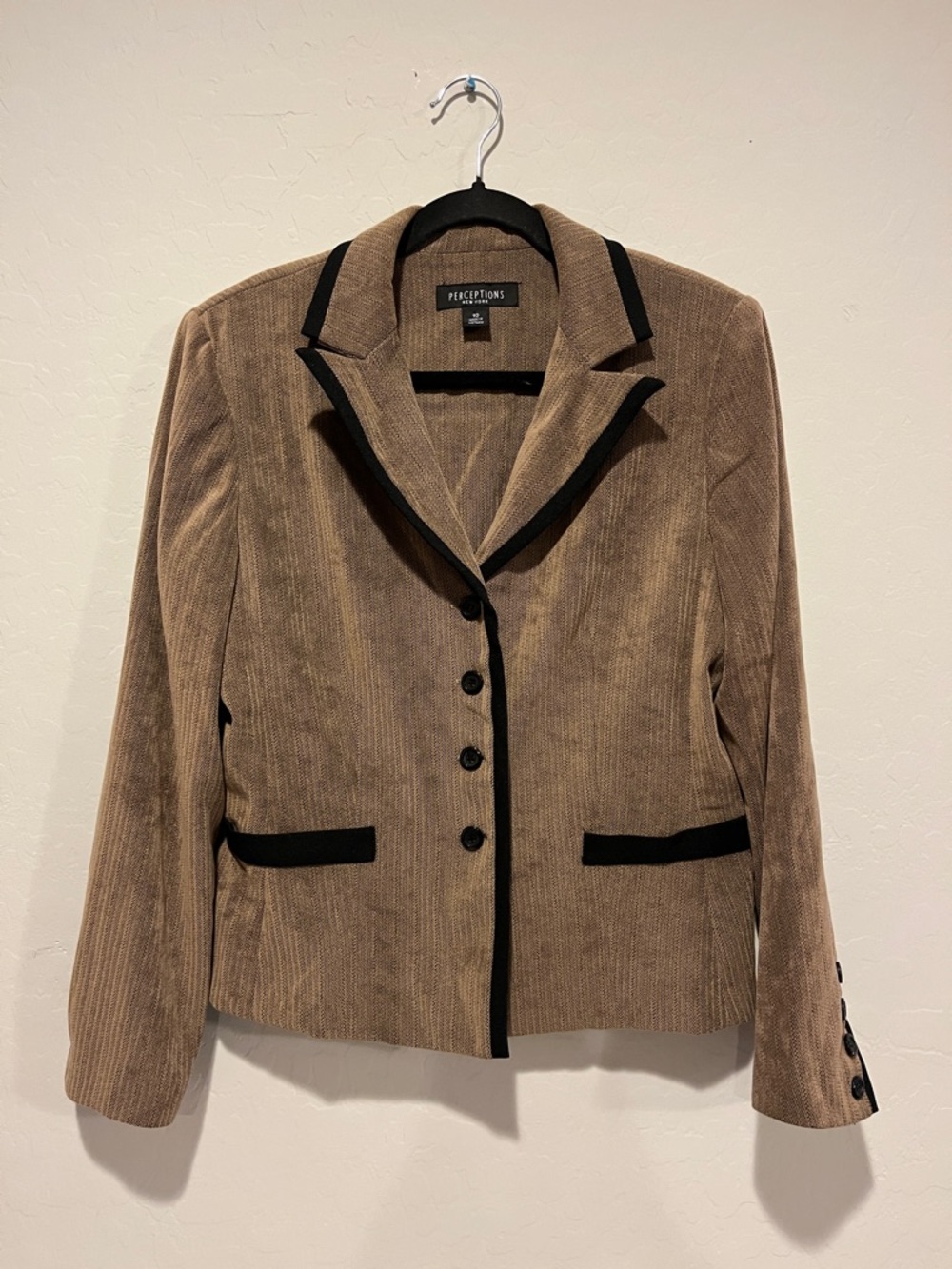 Perceptions Women Tan Button Up Corduroy Blazer with Black Trim Accents Size 10